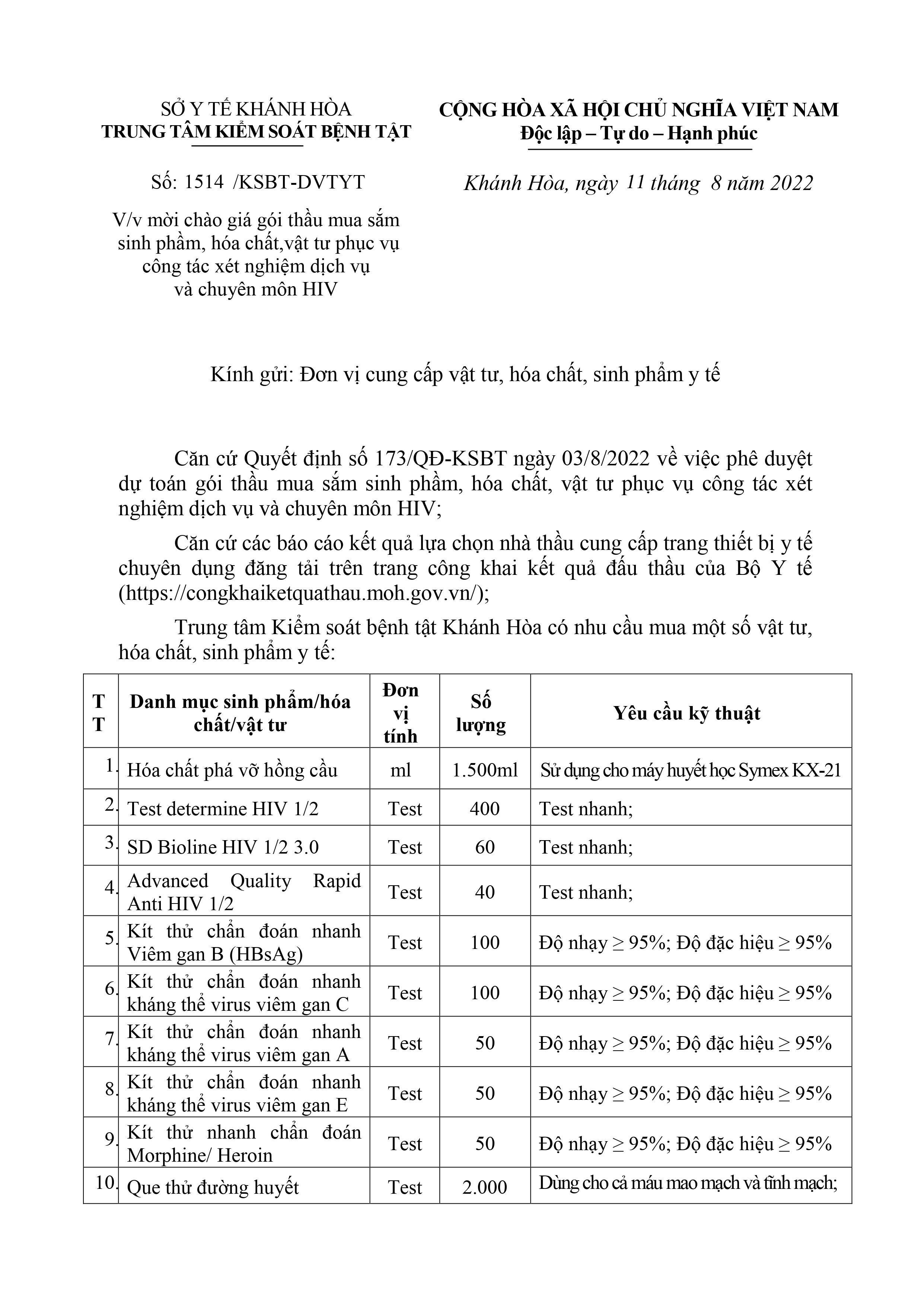 Về việc mời chào giá gói thầu mua sắm sinh phầm, hóa chất,vật tư phục vụ công tác xét nghiệm dịch vụ và chuyên môn HIV